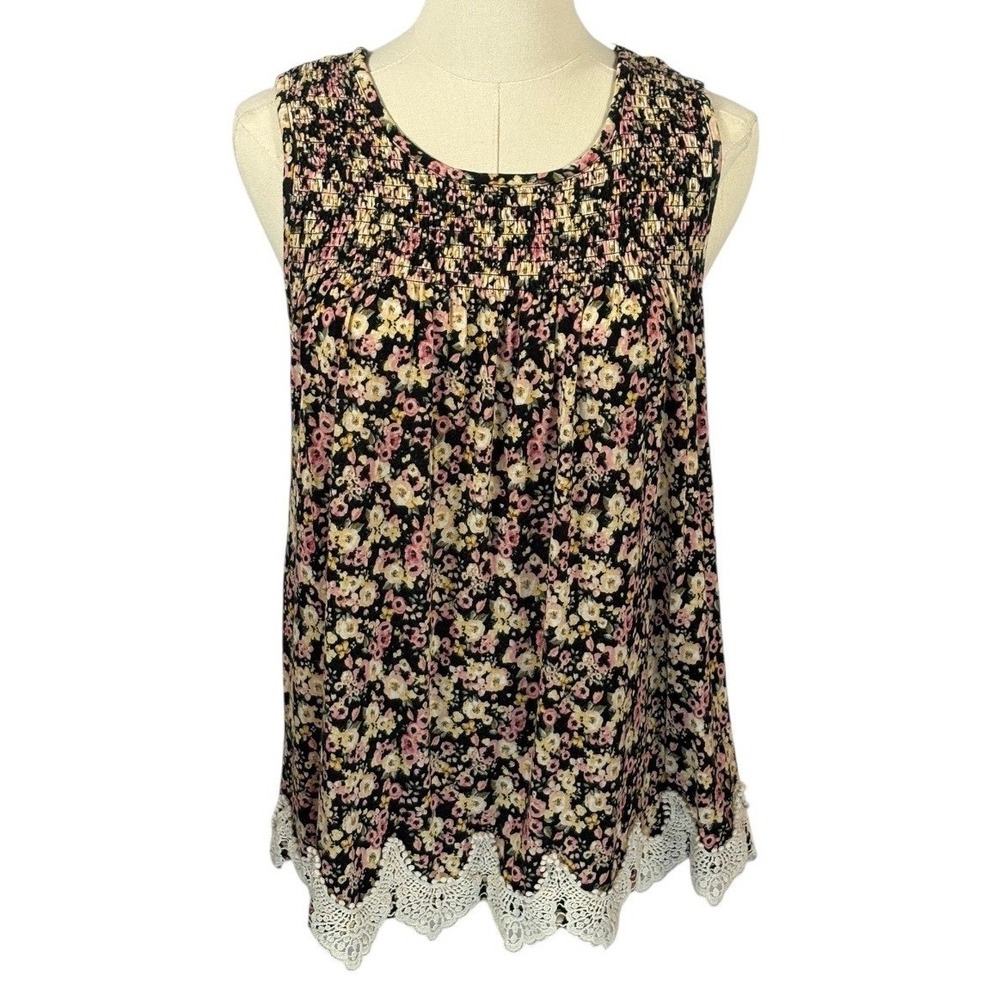 Rewind Black, Pink, Yellow, & White Tank Top w/ Embroidered Trim (Size L)
